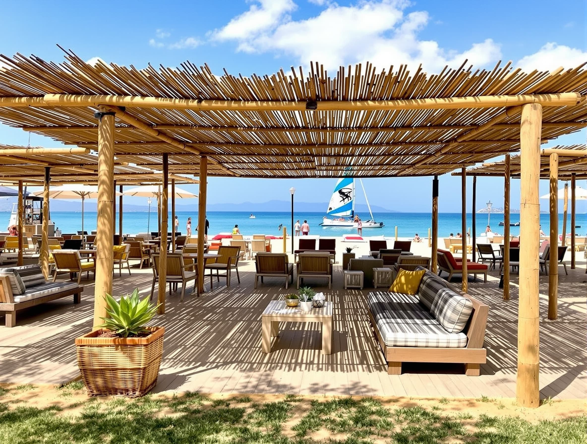 Alaçatı beach club bambu gölgelik yapısı