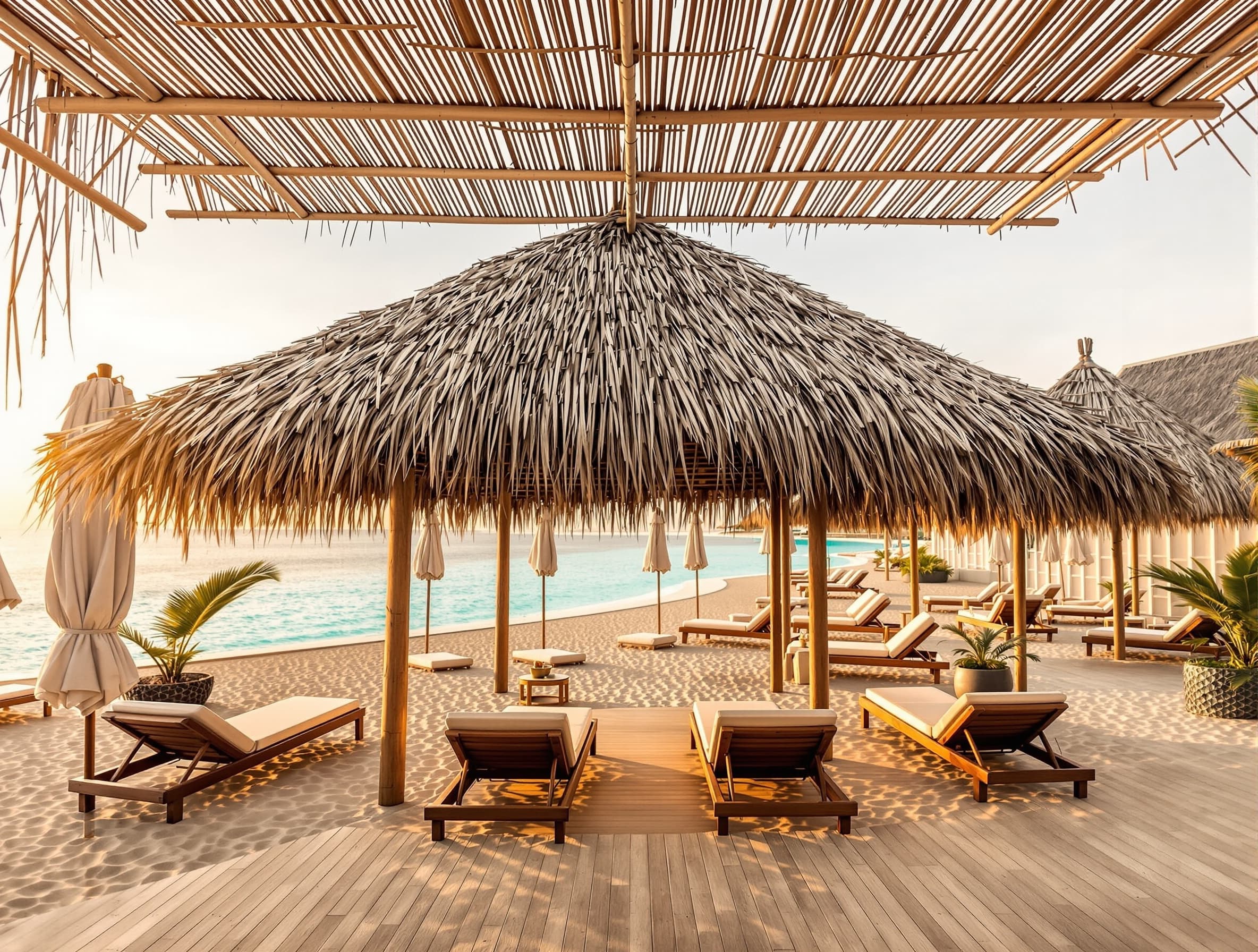 Turkuaz sahilde lüks beach club bambu çatı