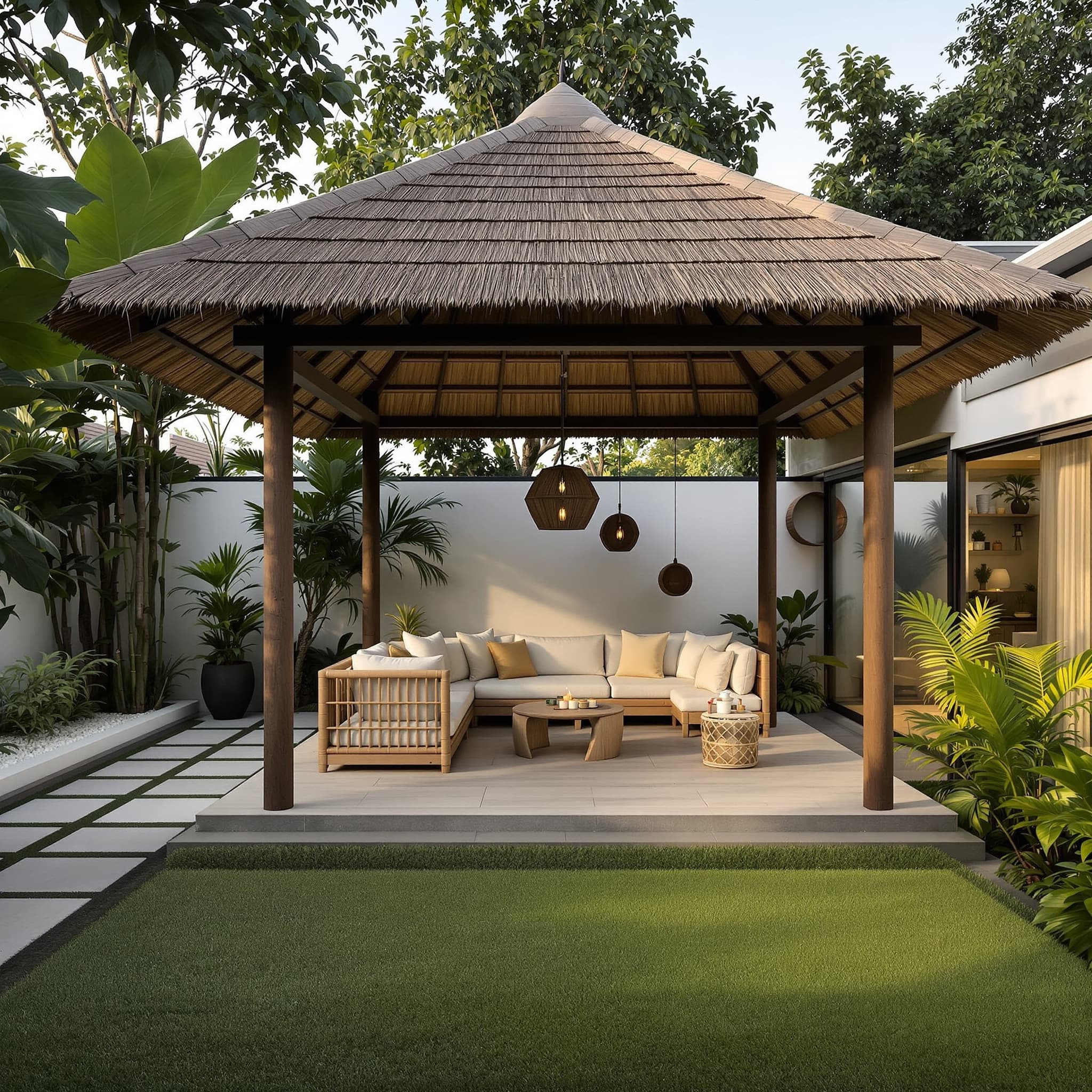 Villa özel bahçesinde bambu gazebo çatı